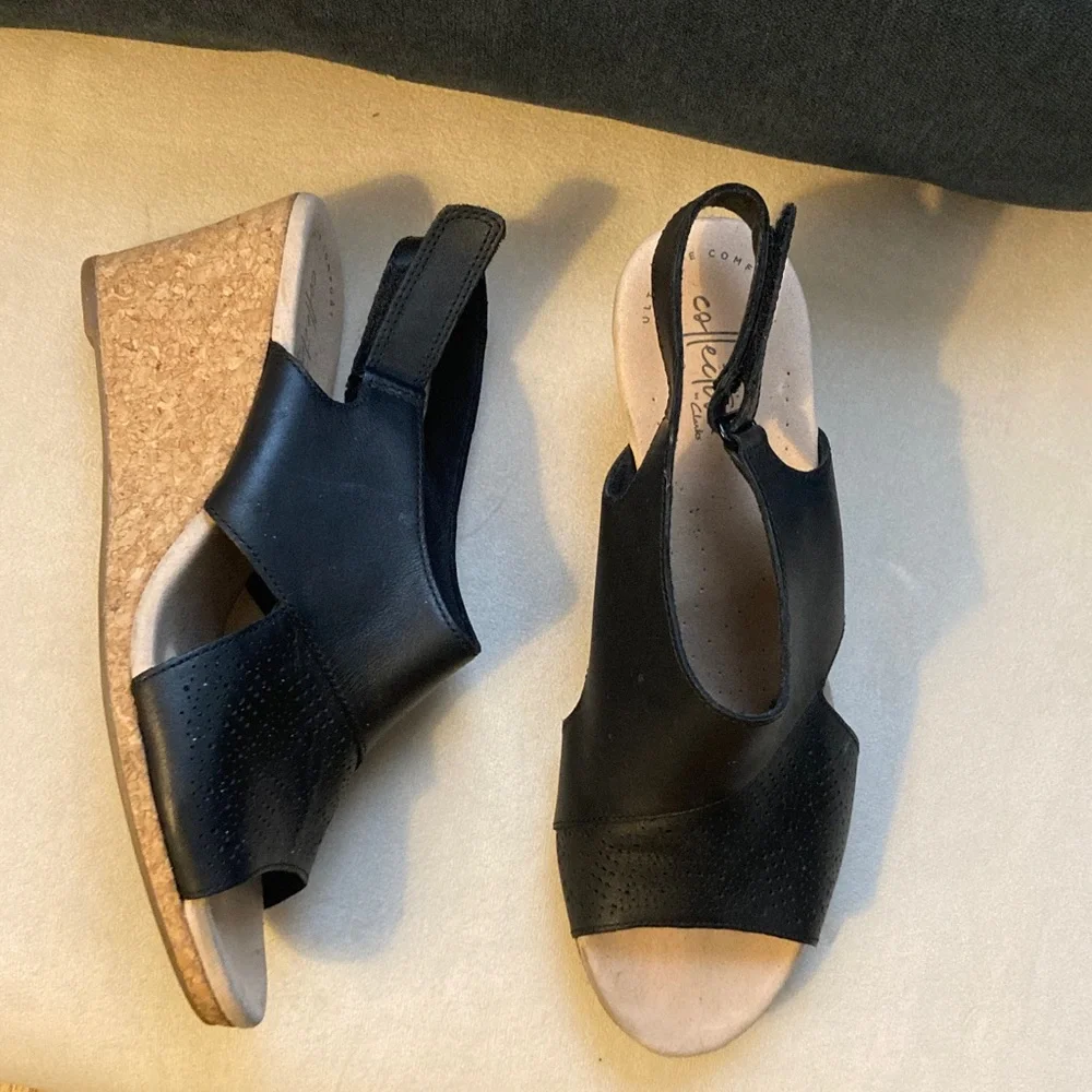 Clarks Black Leather Wedges with Tan Cork Heel - Picture 1 of 6